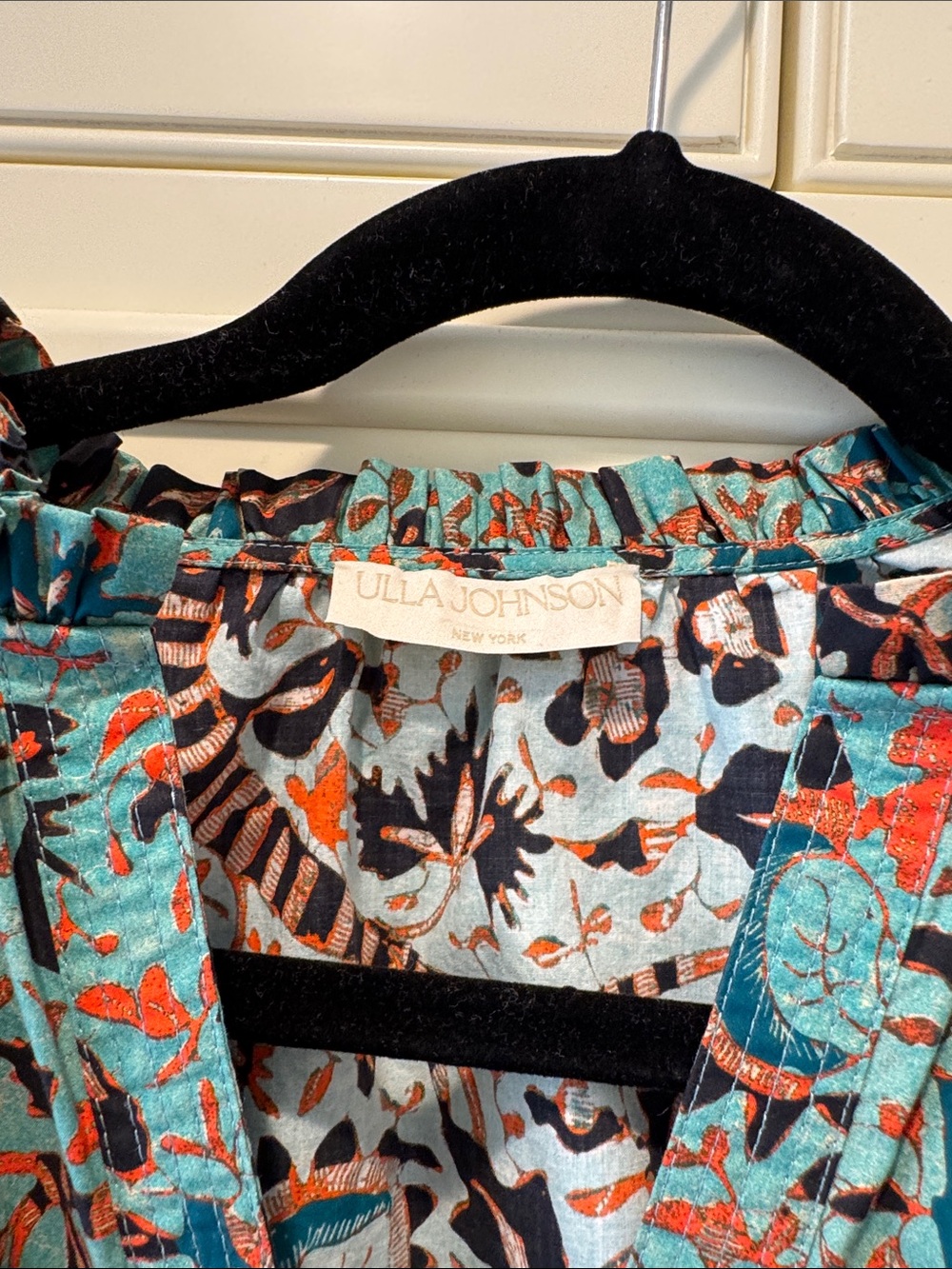 Ulla Johnson Teal Floral Puff-Sleeve Blouse with Coral Accents - Picture 2 of 2